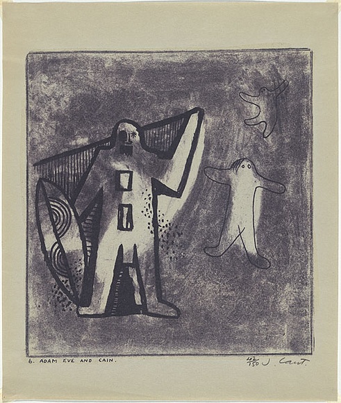 Artist: b'Cant, James.' | Title: b'Adam, Eve and Cain.' | Date: 1948 | Technique: b'cliche-verre, printed in blue pigment, from one paper plate' Artist: b'Cant, James.' | Title: b'Adam, Eve and Cain.' | Date: 1948 | Technique: b'cliche-verre, printed in blue pigment, from one paper plate'