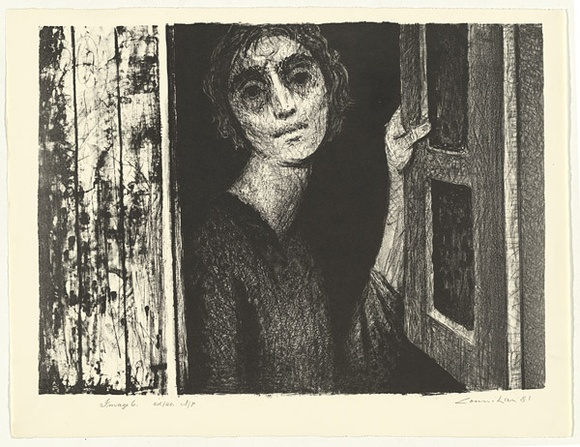 Artist: b'Counihan, Noel.' | Title: b'Woman at window.' | Date: 1981 | Technique: b'lithograph, printed in black ink, from one stone' Artist: b'Counihan, Noel.' | Title: b'Woman at window.' | Date: 1981 | Technique: b'lithograph, printed in black ink, from one stone'