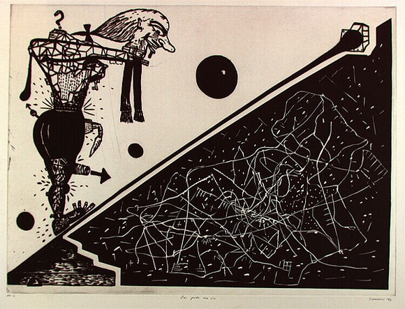 Artist: b'SANSOM, Gareth' | Title: b'Jai perdu ma vie' | Date: 1994 | Technique: b'etching and aquatint, relief and intaglio printed in black ink, from one plate' Artist: b'SANSOM, Gareth' | Title: b'Jai perdu ma vie' | Date: 1994 | Technique: b'etching and aquatint, relief and intaglio printed in black ink, from one plate'