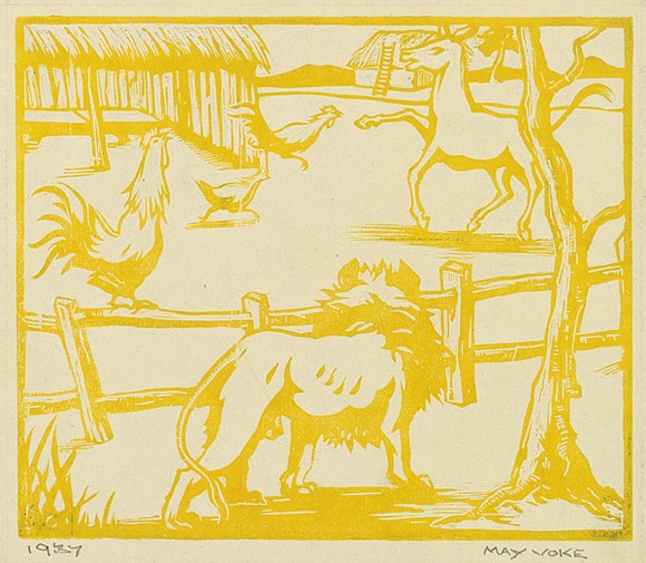 Artist: b'Voke, May.' | Title: b'(The intruder in the farmyard)' | Date: 1937 | Technique: b'linocut, printed in yellow ink, from one block' Artist: b'Voke, May.' | Title: b'(The intruder in the farmyard)' | Date: 1937 | Technique: b'linocut, printed in yellow ink, from one block'