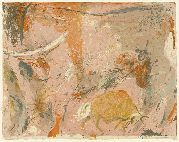 Artist: b'MACQUEEN, Mary' | Title: b'Banteng' | Date: c.1973 | Technique: b'lithograph, printed in colour on recto and verso, from multiple plates' | Copyright: b'Courtesy Paulette Calhoun, for the estate of Mary Macqueen' Artist: b'MACQUEEN, Mary' | Title: b'Banteng' | Date: c.1973 | Technique: b'lithograph, printed in colour on recto and verso, from multiple plates' | Copyright: b'Courtesy Paulette Calhoun, for the estate of Mary Macqueen'