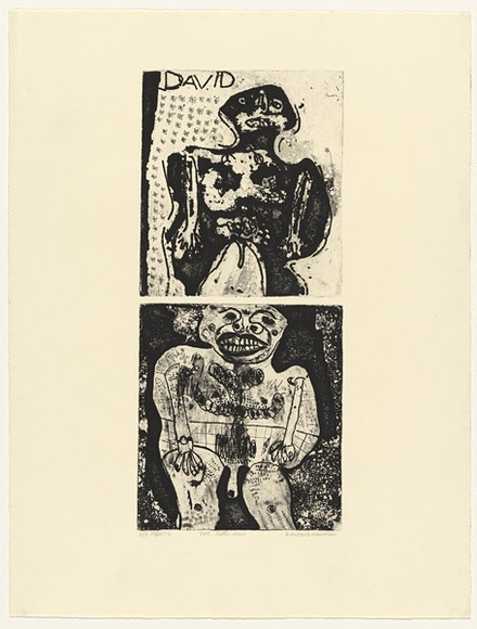 Artist: b'HANRAHAN, Barbara' | Title: b'Two little men' | Date: 1964 | Technique: b'etching and aquatint, printed in black ink, with plate-tone, from two copper plates' Artist: b'HANRAHAN, Barbara' | Title: b'Two little men' | Date: 1964 | Technique: b'etching and aquatint, printed in black ink, with plate-tone, from two copper plates'