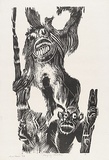 Artist: MEYER, Bill | Title: Hanging monkey | Date: 1968 | Technique: woodcut, printed in black ink, from one block | Copyright: © Bill Meyer