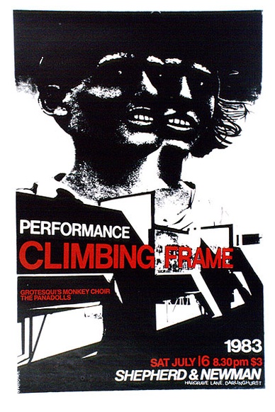 Artist: b'MERD INTERNATIONAL' | Title: b'Poster: Performance, Climbing frame Sat July 16' | Date: 1984 | Technique: b'screenprint' Artist: b'MERD INTERNATIONAL' | Title: b'Poster: Performance, Climbing frame Sat July 16' | Date: 1984 | Technique: b'screenprint'