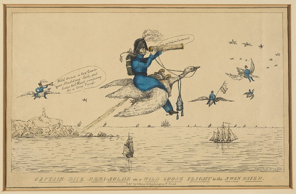 Title: b'Captain Dick Demi-Solde on a Wild Goose Flight to the Swan River.' | Date: 1829 | Technique: b'lithograph, printed in black ink, from one stone; hand-coloured' Title: b'Captain Dick Demi-Solde on a Wild Goose Flight to the Swan River.' | Date: 1829 | Technique: b'lithograph, printed in black ink, from one stone; hand-coloured'