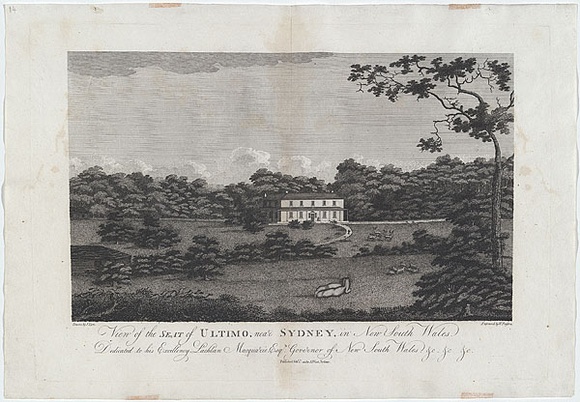 Title: b'View of the seat of Ultimo, near Sydney, in New South Wales.' | Date: 1813 | Technique: b'engraving, printed in black ink, from one copper plate' Title: b'View of the seat of Ultimo, near Sydney, in New South Wales.' | Date: 1813 | Technique: b'engraving, printed in black ink, from one copper plate'