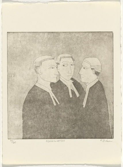 Artist: b'Dickerson, Robert.' | Title: b'Conciliation.' | Date: 1988 | Technique: b'etching and aquatint, printed in black ink, from one zinc plate' Artist: b'Dickerson, Robert.' | Title: b'Conciliation.' | Date: 1988 | Technique: b'etching and aquatint, printed in black ink, from one zinc plate'