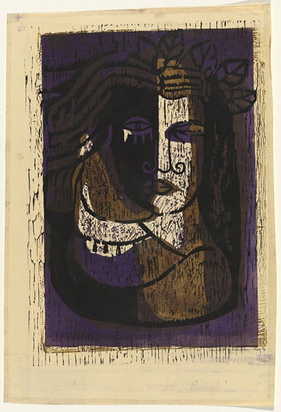 Artist: b'HANRAHAN, Barbara' | Title: b'Man and woman' | Date: 1960 | Technique: b'woodcut, printed in colour, from three blocks' Artist: b'HANRAHAN, Barbara' | Title: b'Man and woman' | Date: 1960 | Technique: b'woodcut, printed in colour, from three blocks'