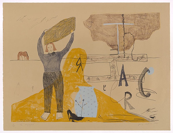 Artist: b'Watson, Jenny.' | Title: b'The haycarter' | Date: 1990 | Technique: b'lithograph, printed in colour, from multiple stones and plates' | Copyright: b'\xc2\xa9 Jenny Watson. Licensed by VISCOPY, Australia, 2008.' Artist: b'Watson, Jenny.' | Title: b'The haycarter' | Date: 1990 | Technique: b'lithograph, printed in colour, from multiple stones and plates' | Copyright: b'\xc2\xa9 Jenny Watson. Licensed by VISCOPY, Australia, 2008.'