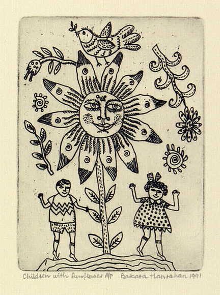Artist: b'HANRAHAN, Barbara' | Title: b'Children with sunflower' | Date: 1991 | Technique: b'etching, printed in black ink with plate-tone, from one plate' Artist: b'HANRAHAN, Barbara' | Title: b'Children with sunflower' | Date: 1991 | Technique: b'etching, printed in black ink with plate-tone, from one plate'