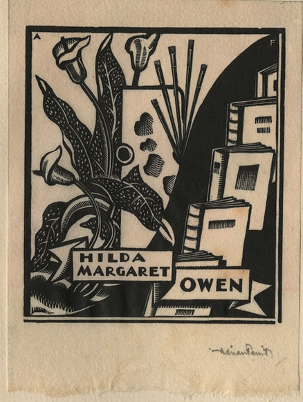 Artist: b'FEINT, Adrian' | Title: b'Bookplate: Hilda Margaret Owen.' | Date: (1932) | Technique: b'wood-engraving, printed in black ink, from one block' | Copyright: b'Courtesy the Estate of Adrian Feint' Artist: b'FEINT, Adrian' | Title: b'Bookplate: Hilda Margaret Owen.' | Date: (1932) | Technique: b'wood-engraving, printed in black ink, from one block' | Copyright: b'Courtesy the Estate of Adrian Feint'