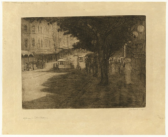 Artist: b'Traill, Jessie.' | Title: b'Afternoon in Collins Street.' | Date: 1911 | Technique: b'etching and aquatint, printed in black ink, from one plate' Artist: b'Traill, Jessie.' | Title: b'Afternoon in Collins Street.' | Date: 1911 | Technique: b'etching and aquatint, printed in black ink, from one plate'