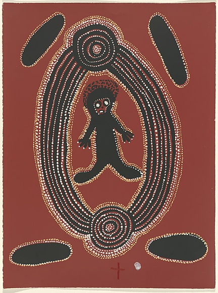 Artist: Tjungarranyi, Willi. | Title: not titled [human figure in oval]. | Date: 1979 | Technique: screenprint, printed in colour, from five stencils
