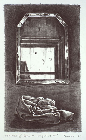 Artist: b'Thomas, David.' | Title: b'Sparrow winged visitor' | Date: 1986 | Technique: b'lithograph, printed in black ink, from one stone' Artist: b'Thomas, David.' | Title: b'Sparrow winged visitor' | Date: 1986 | Technique: b'lithograph, printed in black ink, from one stone'