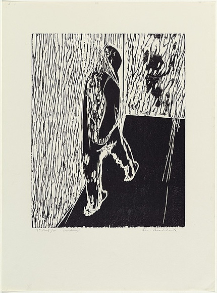 Artist: b'MADDOCK, Bea' | Title: b'Walking' | Date: July 1965 | Technique: b'woodcut, printed in black ink by hand-burnishing, from one plywood block' Artist: b'MADDOCK, Bea' | Title: b'Walking' | Date: July 1965 | Technique: b'woodcut, printed in black ink by hand-burnishing, from one plywood block'