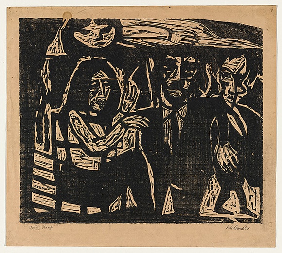 Artist: b'AMOR, Rick' | Title: b'(Three figures).' | Date: 1968 | Technique: b'woodcut, printed in black ink, from one block' | Copyright: b'Image reproduced courtesy the artist and Niagara Galleries, Melbourne' Artist: b'AMOR, Rick' | Title: b'(Three figures).' | Date: 1968 | Technique: b'woodcut, printed in black ink, from one block' | Copyright: b'Image reproduced courtesy the artist and Niagara Galleries, Melbourne'