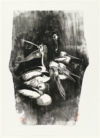Artist: b'Thorpe, Lesbia.' | Title: b'The pecking order' | Date: 1983 | Technique: b'woodcut, printed in black ink, from one block' Artist: b'Thorpe, Lesbia.' | Title: b'The pecking order' | Date: 1983 | Technique: b'woodcut, printed in black ink, from one block'
