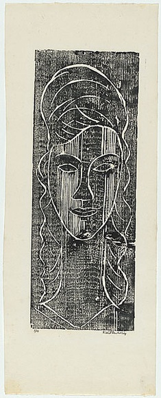 Artist: b'Duldig, Karl.' | Title: b(Woman's head). | Date: c.1963 | Technique: b'woodcut, printed in black ink, from one block' | Copyright: b'\xc2\xa9 The Duldig Studio (Melbourne)' Artist: b'Duldig, Karl.' | Title: b(Woman's head). | Date: c.1963 | Technique: b'woodcut, printed in black ink, from one block' | Copyright: b'\xc2\xa9 The Duldig Studio (Melbourne)'