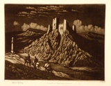 Artist: LINDSAY, Lionel | Title: A castle in Extremadura (moonlight), Spain | Date: 1946 | Technique: mezzotint, printed in brown ink, from one plate | Copyright: Courtesy of the National Library of Australia