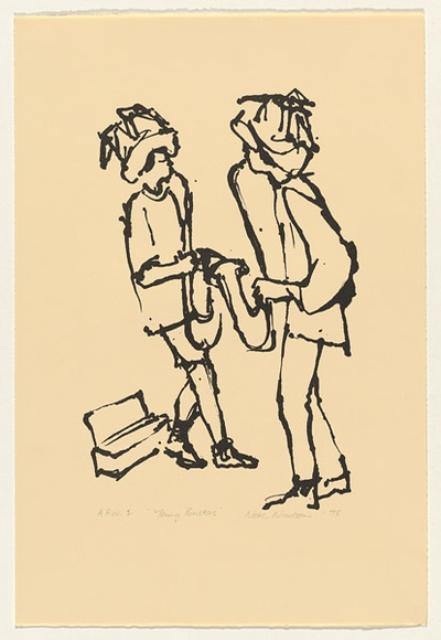 Artist: b'NICOLSON, Noel' | Title: b'Young buskers' | Date: 1998 | Technique: b'lithograph, printed in black ink, from one stone' Artist: b'NICOLSON, Noel' | Title: b'Young buskers' | Date: 1998 | Technique: b'lithograph, printed in black ink, from one stone'