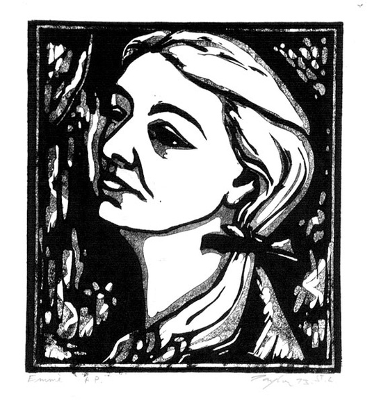 Artist: b'Taylor, John H.' | Title: b'Emme' | Date: 1973 | Technique: b'linocut, printed in black and grey ink, from two blocks' Artist: b'Taylor, John H.' | Title: b'Emme' | Date: 1973 | Technique: b'linocut, printed in black and grey ink, from two blocks'