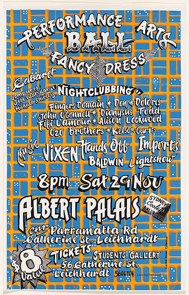 Artist: b'Lane, Leonie.' | Title: bPerformance Arts Ball...Albert Palais. -Sydney's coolest ballroom. | Date: (1980) | Technique: b'screenprint, printed in colour, from three stencils' | Copyright: b'\xc2\xa9 Leonie Lane' Artist: b'Lane, Leonie.' | Title: bPerformance Arts Ball...Albert Palais. -Sydney's coolest ballroom. | Date: (1980) | Technique: b'screenprint, printed in colour, from three stencils' | Copyright: b'\xc2\xa9 Leonie Lane'