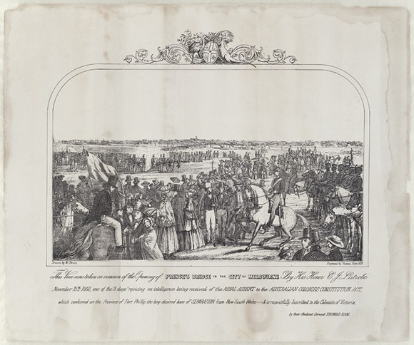 Artist: b'STRUTT, William' | Title: bOpening of Prince's Bridge, Melbourne. | Date: 1851 | Technique: b'engraving, printed in black ink, from one plate' Artist: b'STRUTT, William' | Title: bOpening of Prince's Bridge, Melbourne. | Date: 1851 | Technique: b'engraving, printed in black ink, from one plate'