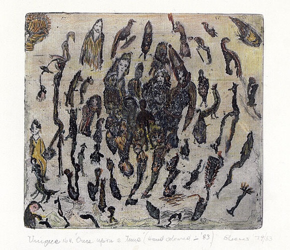 Artist: b'Shearer, Mitzi.' | Title: b'Once upon a time' | Date: 1979-83 | Technique: b'etching, printed in black ink, from one plate, hand-coloured' Artist: b'Shearer, Mitzi.' | Title: b'Once upon a time' | Date: 1979-83 | Technique: b'etching, printed in black ink, from one plate, hand-coloured'