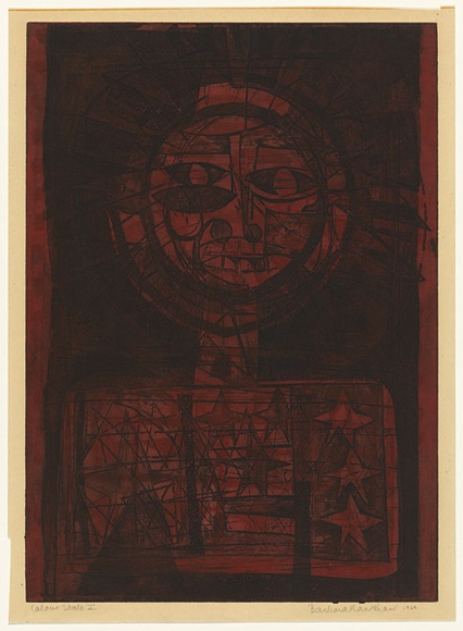 Artist: b'HANRAHAN, Barbara' | Title: b'Sun and stars' | Date: 1964 | Technique: b'etching, aquatint, printed in colour from one plate' Artist: b'HANRAHAN, Barbara' | Title: b'Sun and stars' | Date: 1964 | Technique: b'etching, aquatint, printed in colour from one plate'