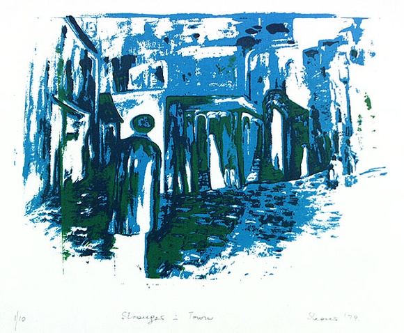 Artist: b'Shearer, Mitzi.' | Title: b'Stranger in town' | Date: 1979 | Technique: b'linocut, printed in colour, from three blocks' Artist: b'Shearer, Mitzi.' | Title: b'Stranger in town' | Date: 1979 | Technique: b'linocut, printed in colour, from three blocks'