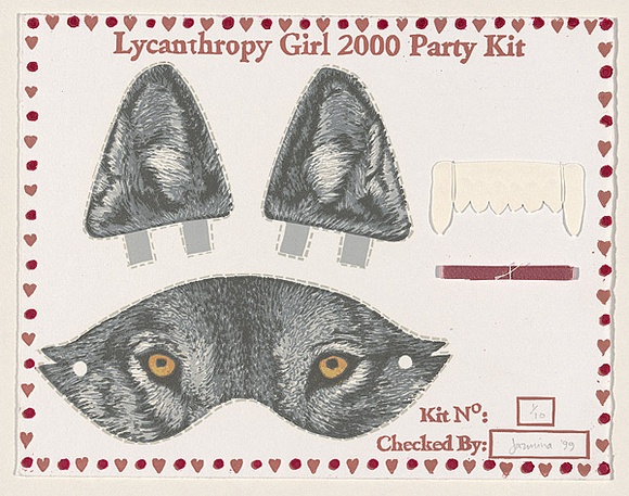 Artist: b'Cininas, Jazmina.' | Title: b'Lycanthropy girl 2000 party kit' | Date: 1999 | Technique: b'linocut, printed in colour by the reduction method, from one block; ribbon, copy press and guouche' Artist: b'Cininas, Jazmina.' | Title: b'Lycanthropy girl 2000 party kit' | Date: 1999 | Technique: b'linocut, printed in colour by the reduction method, from one block; ribbon, copy press and guouche'