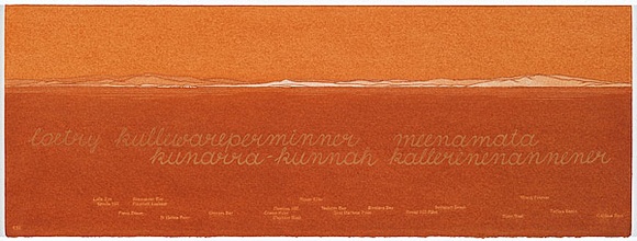 Artist: b'MADDOCK, Bea' | Title: b'Terra Spiritus...with a darker shade of pale' | Date: 1993-98 | Technique: b'stencil print, printed in hand-ground Launceston ochre from multiple hand-cut mylar stencils; letterpress text blind printed; hand-drawn script' Artist: b'MADDOCK, Bea' | Title: b'Terra Spiritus...with a darker shade of pale' | Date: 1993-98 | Technique: b'stencil print, printed in hand-ground Launceston ochre from multiple hand-cut mylar stencils; letterpress text blind printed; hand-drawn script'