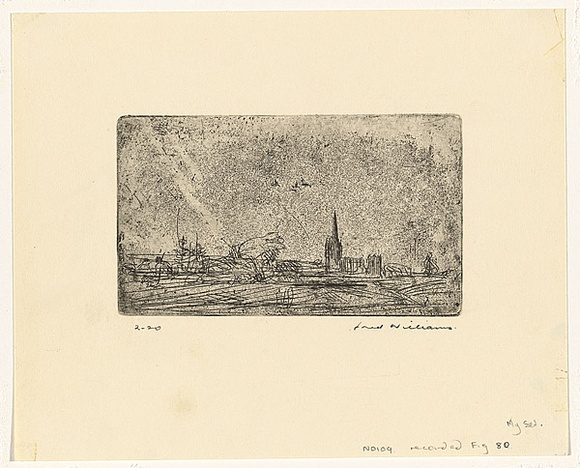 Artist: b'WILLIAMS, Fred' | Title: b'Landscape with a church' | Date: 1955-56 | Technique: b'etching, engraving, aquatint and foul biting, printed in black ink, from one zinc plate' | Copyright: b'\xc2\xa9 Fred Williams Estate' Artist: b'WILLIAMS, Fred' | Title: b'Landscape with a church' | Date: 1955-56 | Technique: b'etching, engraving, aquatint and foul biting, printed in black ink, from one zinc plate' | Copyright: b'\xc2\xa9 Fred Williams Estate'