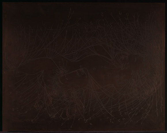 Artist: b'BOYD, Arthur' | Title: bPlate 133: Figure and ram's head in cornfield. | Date: (1968-69) | Technique: b'etched plate' | Copyright: b'This work appears on screen courtesy of Bundanon Trust' Artist: b'BOYD, Arthur' | Title: bPlate 133: Figure and ram's head in cornfield. | Date: (1968-69) | Technique: b'etched plate' | Copyright: b'This work appears on screen courtesy of Bundanon Trust'