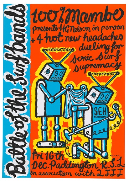 Artist: b'Mambo.' | Title: b'Battle of the surf bands' | Date: c.1985 | Technique: b'offset-lithograph, printed in colour, from multiple plates' Artist: b'Mambo.' | Title: b'Battle of the surf bands' | Date: c.1985 | Technique: b'offset-lithograph, printed in colour, from multiple plates'