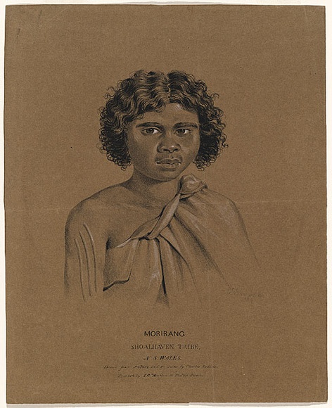 Artist: b'Rodius, Charles.' | Title: b'Morirang, Shoalhaven tribe, N.S. Wales.' | Date: 1834 | Technique: b'chalk-lithograph, printed in black ink, from one stone; additions in gouache' Artist: b'Rodius, Charles.' | Title: b'Morirang, Shoalhaven tribe, N.S. Wales.' | Date: 1834 | Technique: b'chalk-lithograph, printed in black ink, from one stone; additions in gouache'
