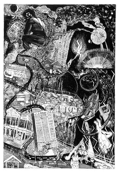 Artist: b'McBurnie, Ron.' | Title: b'Into the Abyss' | Date: 1990 | Technique: b'etching and aquatint, printed in black ink, from one zinc plate' | Copyright: b'\xc2\xa9 Ron McBurnie' Artist: b'McBurnie, Ron.' | Title: b'Into the Abyss' | Date: 1990 | Technique: b'etching and aquatint, printed in black ink, from one zinc plate' | Copyright: b'\xc2\xa9 Ron McBurnie'