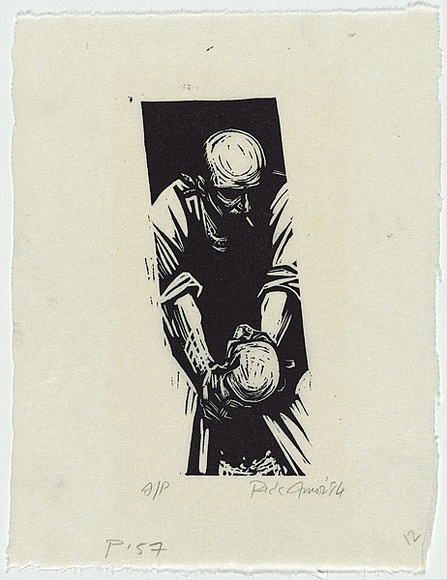 Artist: b'AMOR, Rick' | Title: b'[man looking at skull]' | Date: 1984 | Technique: b'linocut, printed in black ink, from one block' | Copyright: b'\xc2\xa9 Rick Amor. Licensed by VISCOPY, Australia.'