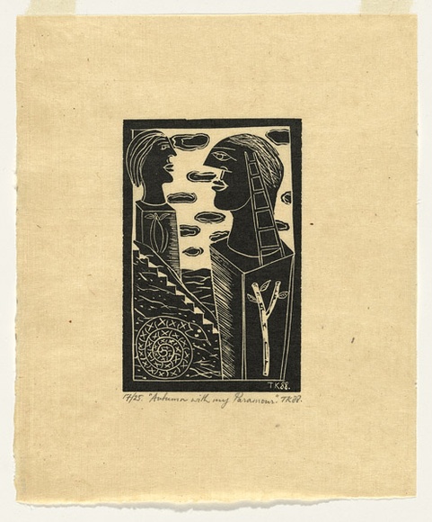 Artist: b'KONING, Theo' | Title: b'Autumn with my paramour' | Date: 1988 | Technique: b'linocut, printed in black ink, from one block' | Copyright: b'\xc2\xa9 Theo Koning' Artist: b'KONING, Theo' | Title: b'Autumn with my paramour' | Date: 1988 | Technique: b'linocut, printed in black ink, from one block' | Copyright: b'\xc2\xa9 Theo Koning'