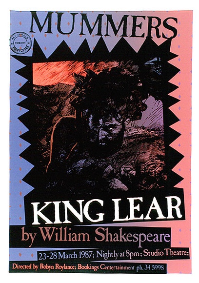 Artist: b'ARNOLD, Raymond' | Title: b'Mummers: King Lear by William Shakespeare.' | Date: 1987 | Technique: b'screenprint, printed in colour, from three stencils' Artist: b'ARNOLD, Raymond' | Title: b'Mummers: King Lear by William Shakespeare.' | Date: 1987 | Technique: b'screenprint, printed in colour, from three stencils'
