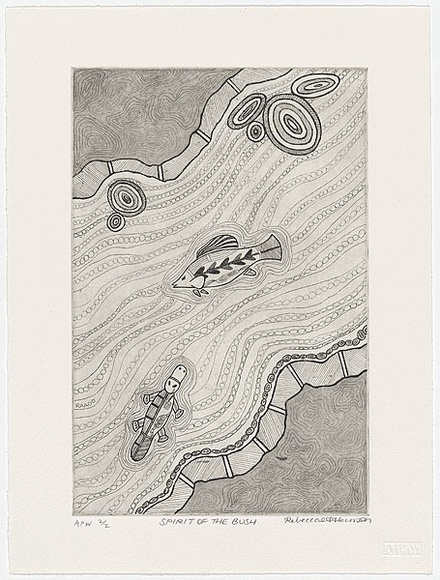 Artist: b'Atkinson, Rebecca.' | Title: b'Spirit of the bush' | Date: 2000, June | Technique: b'etching, printed in black ink, from one plate' Artist: b'Atkinson, Rebecca.' | Title: b'Spirit of the bush' | Date: 2000, June | Technique: b'etching, printed in black ink, from one plate'