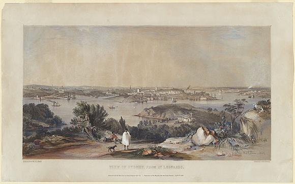 Artist: b'Martens, Conrad.' | Title: b'View of Sydney from St. Leonards' | Date: 1843 | Technique: b'lithograph, printed in colour, from multiple stones; hand-coloured' Artist: b'Martens, Conrad.' | Title: b'View of Sydney from St. Leonards' | Date: 1843 | Technique: b'lithograph, printed in colour, from multiple stones; hand-coloured'