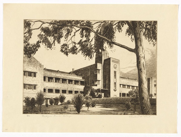 Artist: b'PLATT, Austin' | Title: b'Mudgee Junior College' | Date: 1945 | Technique: b'etching, printed in black ink, from one plate' Artist: b'PLATT, Austin' | Title: b'Mudgee Junior College' | Date: 1945 | Technique: b'etching, printed in black ink, from one plate'