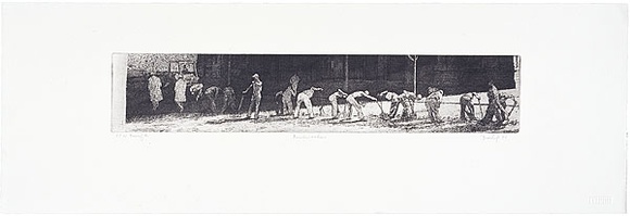 Artist: b'Dunlop, Brian.' | Title: b'Roadworkers' | Date: 1988, October | Technique: b'etching and aquatint, printed in black ink, from one plate' Artist: b'Dunlop, Brian.' | Title: b'Roadworkers' | Date: 1988, October | Technique: b'etching and aquatint, printed in black ink, from one plate'