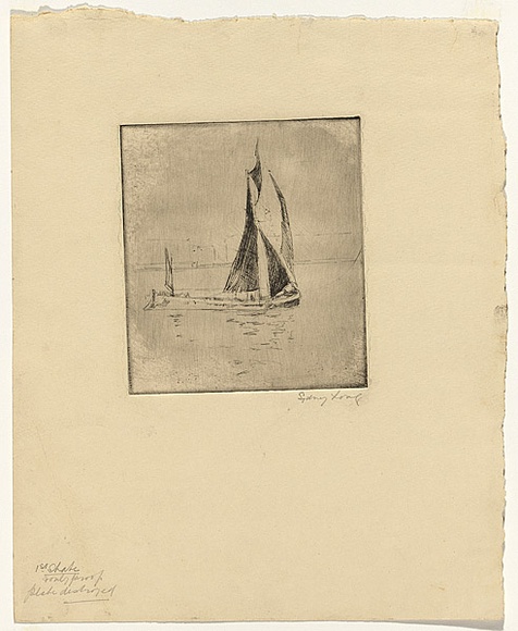 Artist: b'Long, Sydney.' | Title: b'Fishing boat' | Date: 1928, before | Technique: b'line-etching, scratched plate printed in black ink, from one plate' | Copyright: b'Reproduced with the kind permission of the Ophthalmic Research Institute of Australia' Artist: b'Long, Sydney.' | Title: b'Fishing boat' | Date: 1928, before | Technique: b'line-etching, scratched plate printed in black ink, from one plate' | Copyright: b'Reproduced with the kind permission of the Ophthalmic Research Institute of Australia'