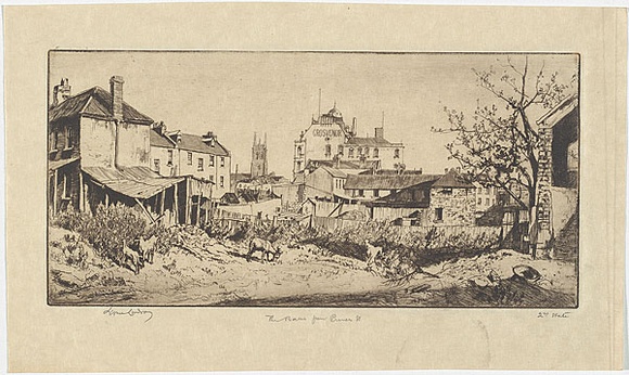 Artist: b'LINDSAY, Lionel' | Title: b'The Rocks, from Princes Street' | Date: 1931 | Technique: b'etching, printed in brown ink with plate-tone, from one plate' | Copyright: b'Courtesy of the National Library of Australia' Artist: b'LINDSAY, Lionel' | Title: b'The Rocks, from Princes Street' | Date: 1931 | Technique: b'etching, printed in brown ink with plate-tone, from one plate' | Copyright: b'Courtesy of the National Library of Australia'