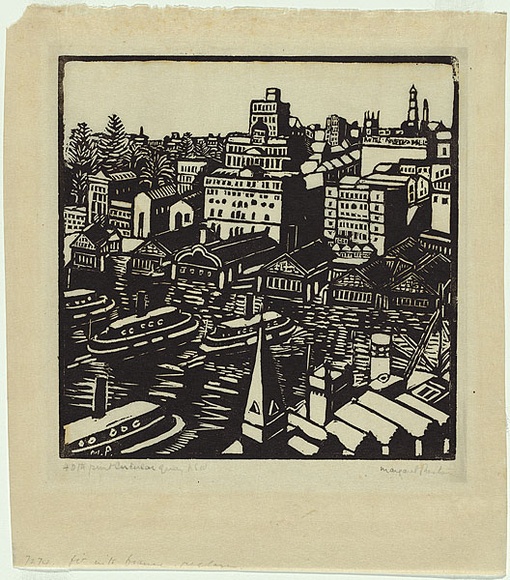 Artist: b'PRESTON, Margaret' | Title: b'Circular Quay' | Date: 1925 | Technique: b'woodcut, printed in black ink, from one block' | Copyright: b'\xc2\xa9 Margaret Preston. Licensed by VISCOPY, Australia' Artist: b'PRESTON, Margaret' | Title: b'Circular Quay' | Date: 1925 | Technique: b'woodcut, printed in black ink, from one block' | Copyright: b'\xc2\xa9 Margaret Preston. Licensed by VISCOPY, Australia'