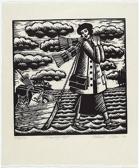 Artist: b'Klein, Deborah.' | Title: b'Travelling light' | Date: 1996 | Technique: b'linocut, printed in black ink, from one block' Artist: b'Klein, Deborah.' | Title: b'Travelling light' | Date: 1996 | Technique: b'linocut, printed in black ink, from one block'