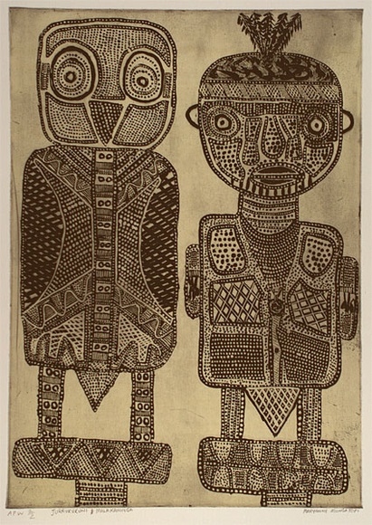 Artist: b'MUNGATOPI, Maryanne' | Title: b'Jurrukukuni and Malakaninga' | Date: 1999, February | Technique: b'etching, printed in black ink, from one plate' Artist: b'MUNGATOPI, Maryanne' | Title: b'Jurrukukuni and Malakaninga' | Date: 1999, February | Technique: b'etching, printed in black ink, from one plate'
