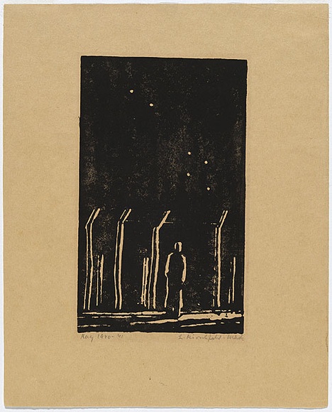 Artist: b'Hirschfeld Mack, Ludwig.' | Title: b'Desolation, Internment camp, Hay, N.S.W.' | Date: 1940-41 | Technique: b'woodcut, printed in black ink, from one block' Artist: b'Hirschfeld Mack, Ludwig.' | Title: b'Desolation, Internment camp, Hay, N.S.W.' | Date: 1940-41 | Technique: b'woodcut, printed in black ink, from one block'